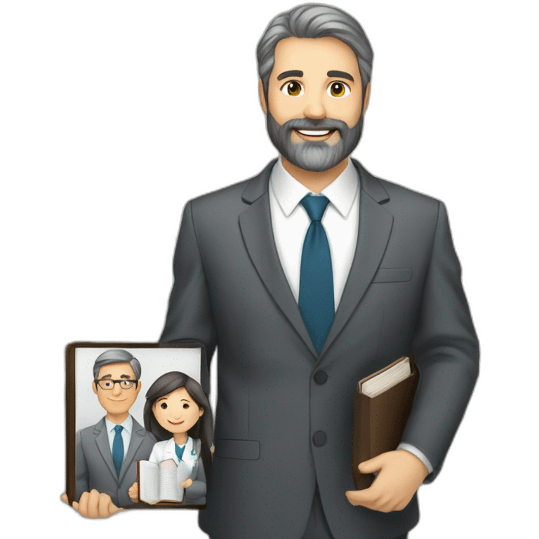 husband caucasian age 55 dark gray hair trimmed beard wearing business suit holding bible, wife asian age 55 dark hair nurse uniform, no children emoji