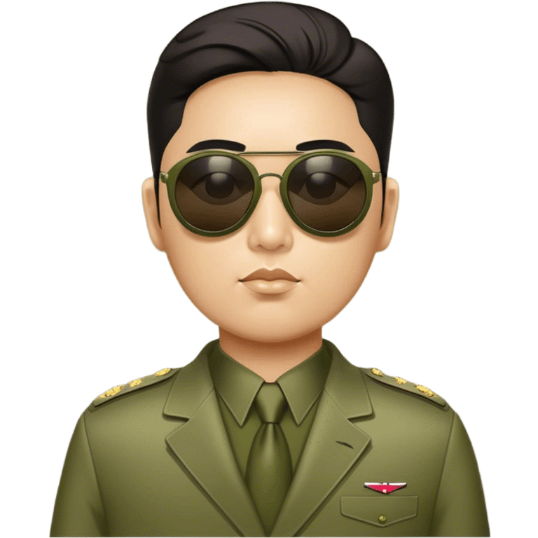 Sleazy Kim Jung Il wearing olive mao suit and large sunglasses emoji