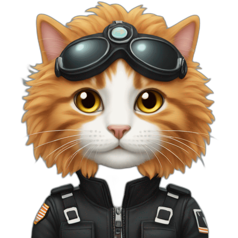 fluffy ginger, white and black cat pilot emoji