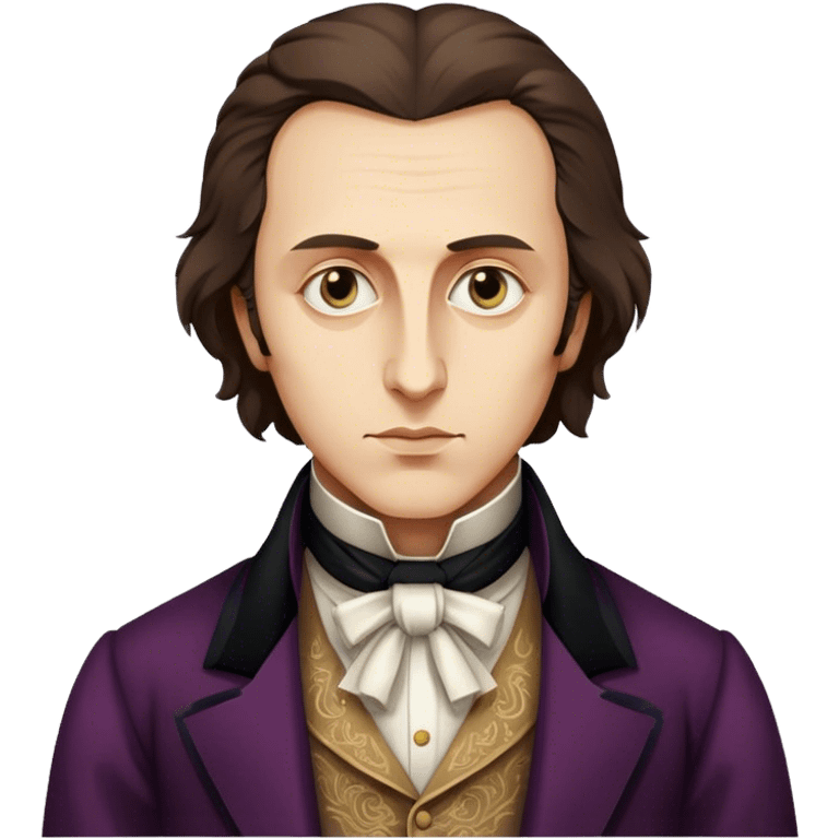 Cinematic Realistic Chopin Portrait Emoji, depicted as an introspective composer with expressive eyes and period attire, rendered with rich textured detail and soft classical lighting that captures his emotive musical genius. emoji