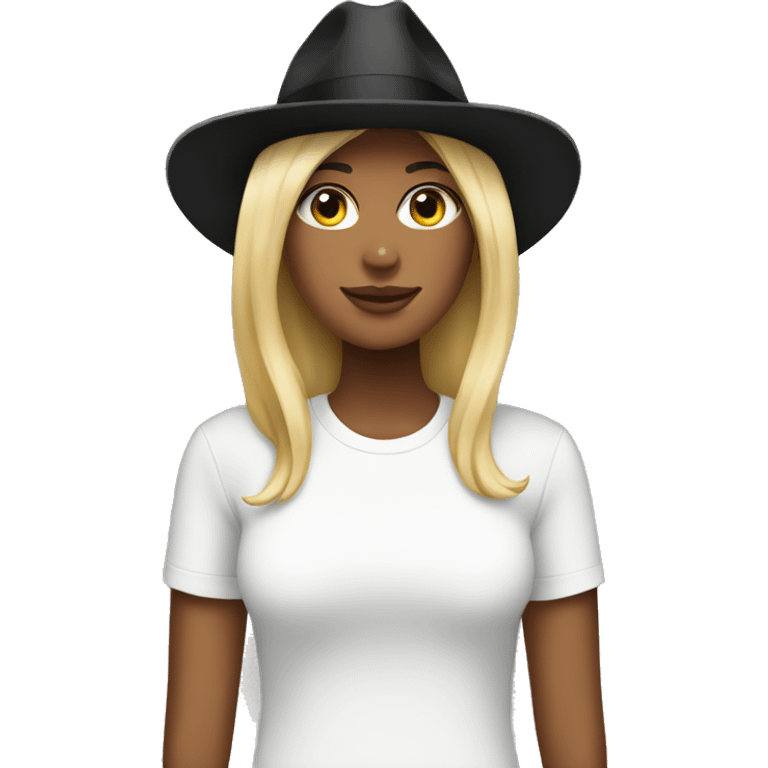 blonde woman wearing an oversized white tshirt and black fedora emoji