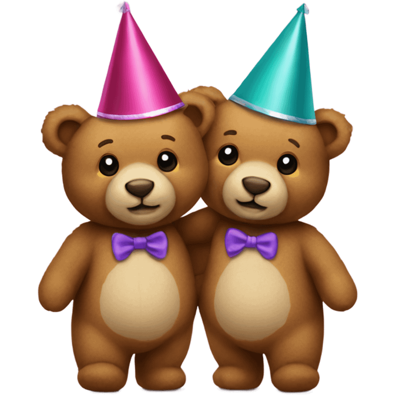 2 teddy bears wearing party hats and holding hands emoji