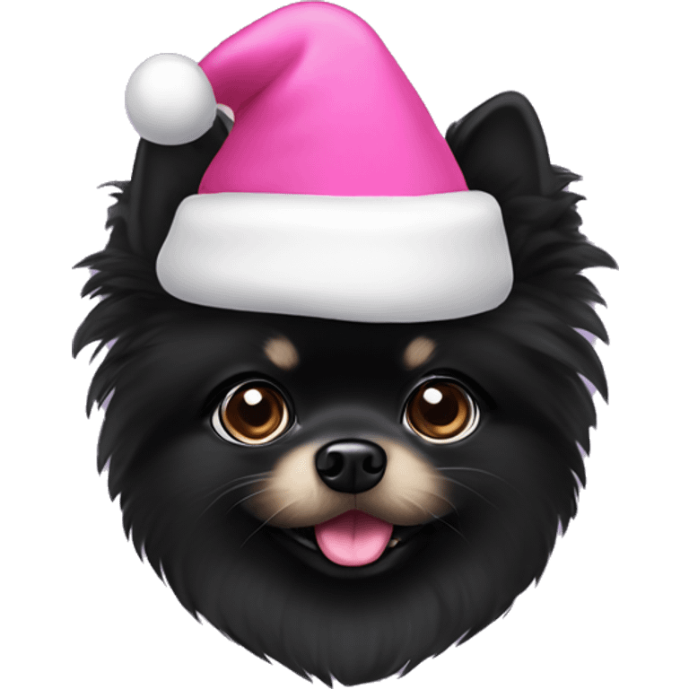 Black Pomeranian wearing a pink Santa hat emoji