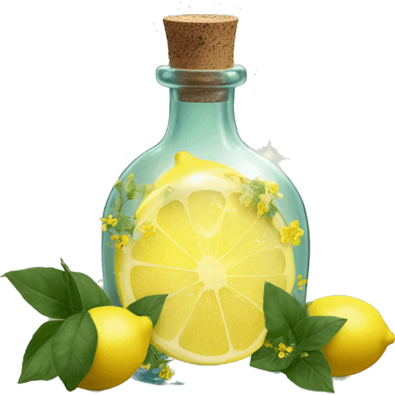 Lemon magic fairy light sparkling old Antique bottle with poison and with herbal and flowers emoji