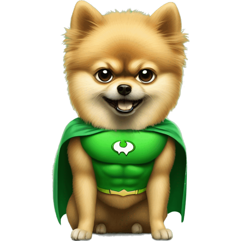 angry pomeranian in green superhero suit emoji