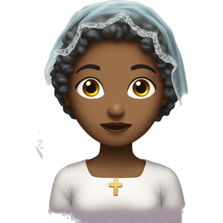 Girl with curly hair and veil over her hair and a big cross  emoji