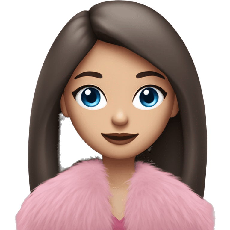 a brunette girl with blue eyes in a pink fringe fur coat emoji