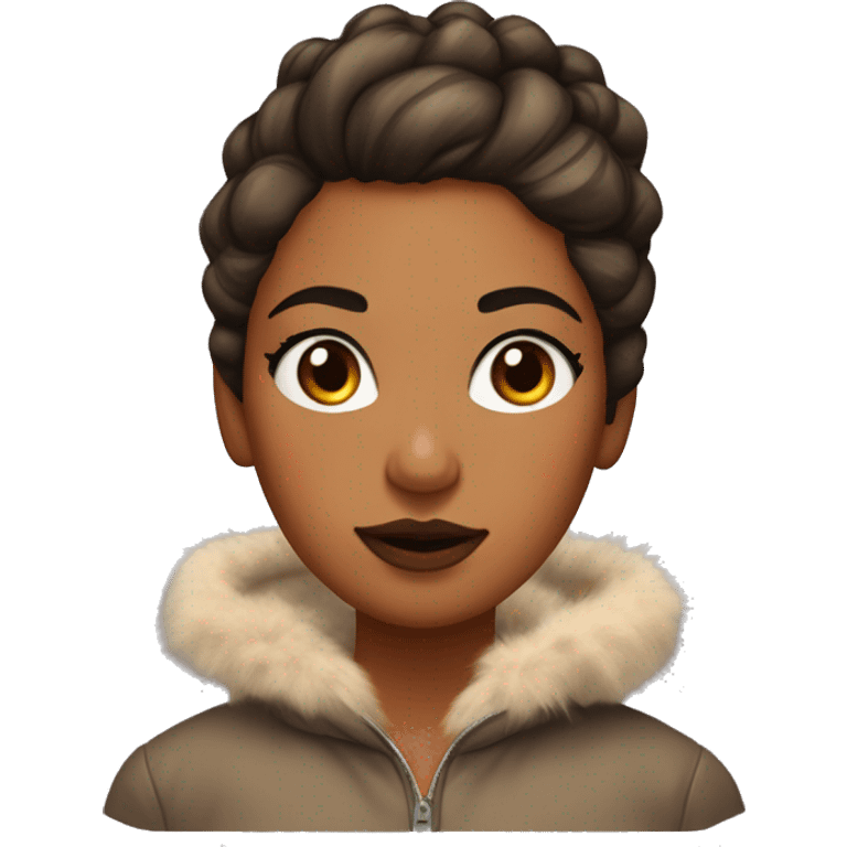 girl with orange skin, brown hair in a messy bun, with a shiny coat with fur hood, large eyebrows and lightly coloured lips,heavy bronzer  emoji