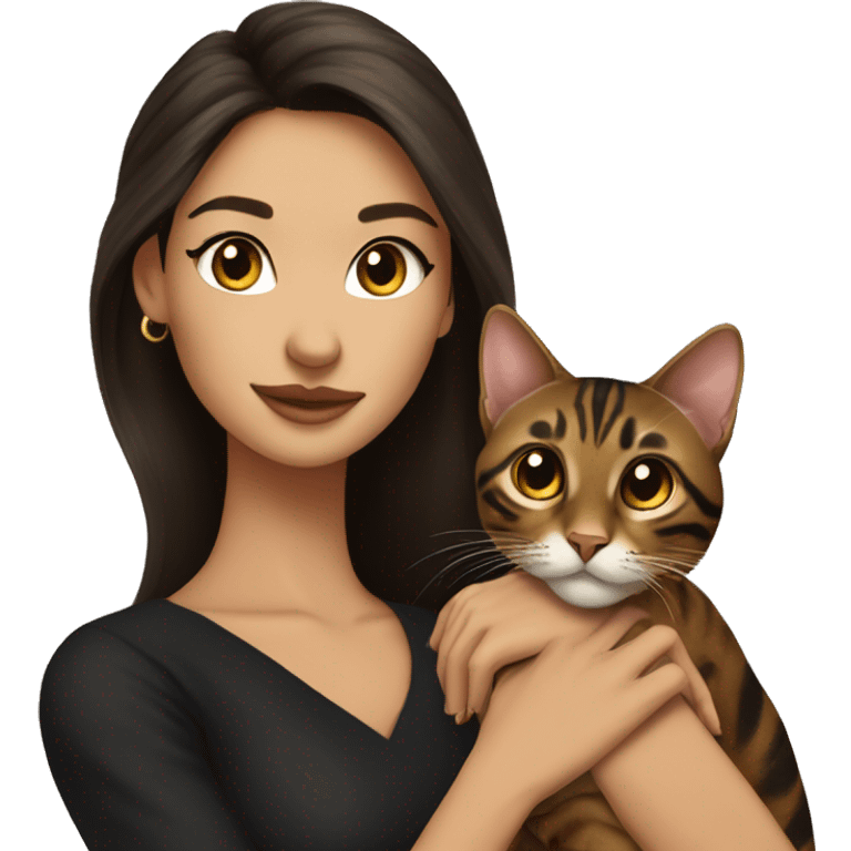 Beautiful skinny woman long dark brown hair in dark dress with gold earrings hug bengal cat emoji