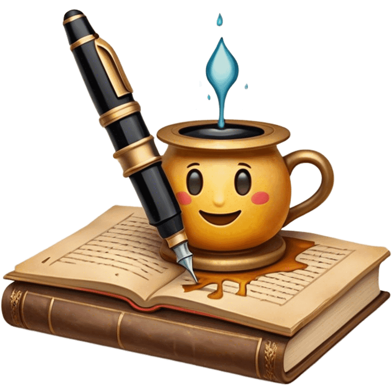 Create a vibrant emoji representing prose writing with an old-style, antique look. The design should include semi-turned pages of an old book with unfinished prose written on them. Add a vintage ink inkwell and a classic fountain pen or quill with black ink. Use warm, earthy tones like deep browns, golds, and creams for the book and ink bottle, with subtle ink splatters for an artistic touch. The overall style should evoke a sense of timeless storytelling and literary craftsmanship. Make the background transparent. emoji