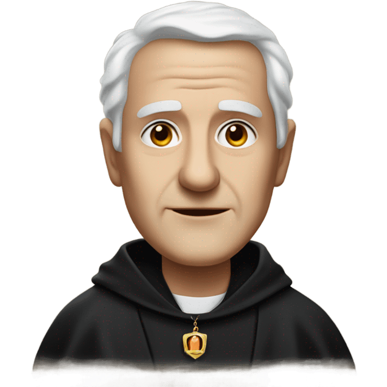 "An middle aged man with thinning white hair, a weathered face, and a solemn expression. He wears a black robe with a clerical collar and holds a Bible or rosary, standing in a modest church." emoji