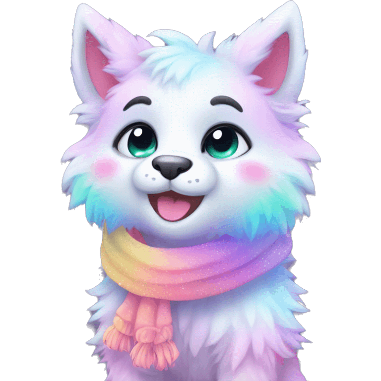 Edgy Kawaii cute cool gorgeous colorful sparkly bright light pastel gradient fantasy ethereal fluffy fursona animal creature with a cute scarf full body emoji