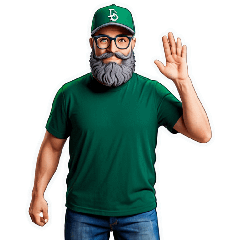 A bold man with a grey baseball cap, green eyes, big beard and glasses, waving  emoji