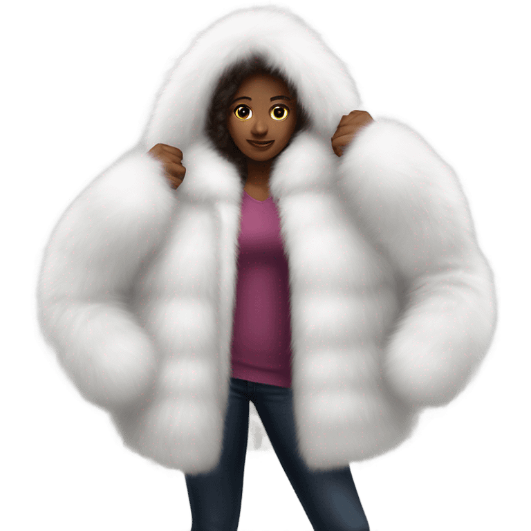 Girl in a extremely big fluffy oversized white fur coat with hood on. The fur is real and it’s very obvious big and fluffy  emoji