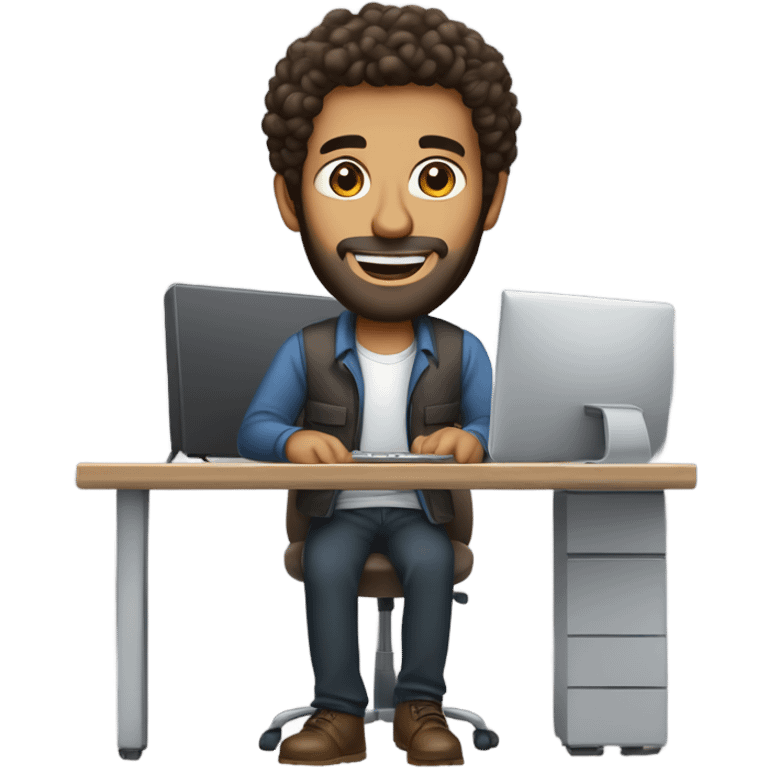 tall men working with his computer. light brown skin men with curly dark brown hair, brown eyes, little grown beard. imposing, bit muscular build. dressed casual. emoji