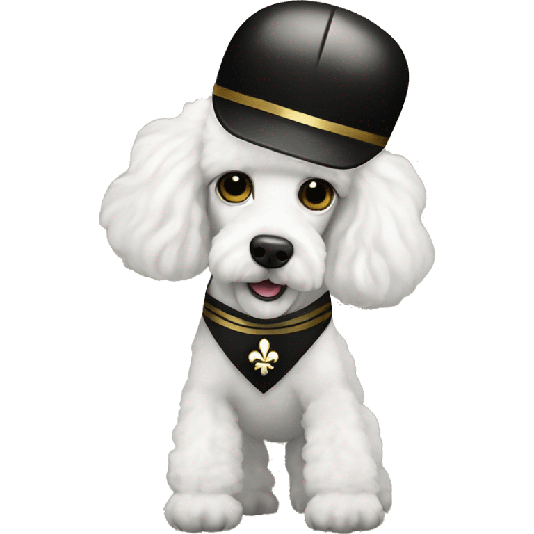 White poodle wearing a black football helmet with gold stripe and gold fleur de lis emblem emoji