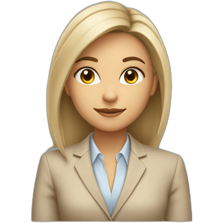 A girl with gray eyes and shoulder-length hair sits in a beige business suit at a laptop emoji