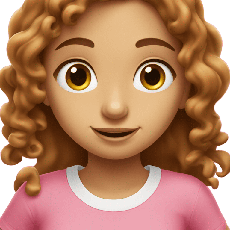 A girl with long brown curly hair and brown eyes. Eating sinabon in a pink T-shirt. emoji