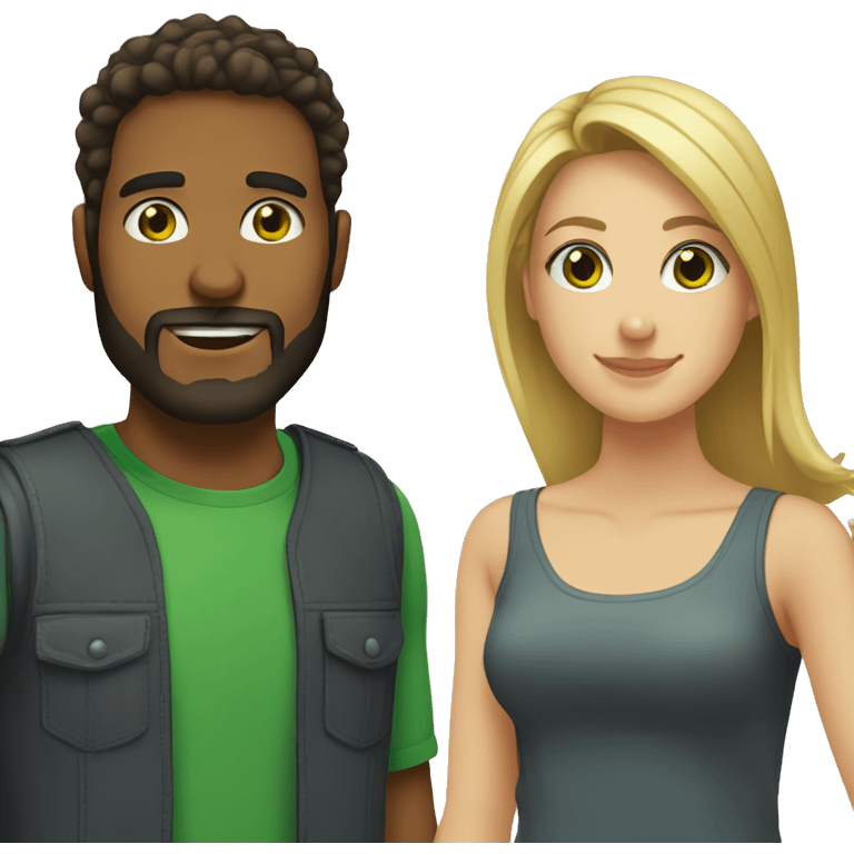 brunette 25 year old male with beard with green eyed blonde 25 year old woman emoji