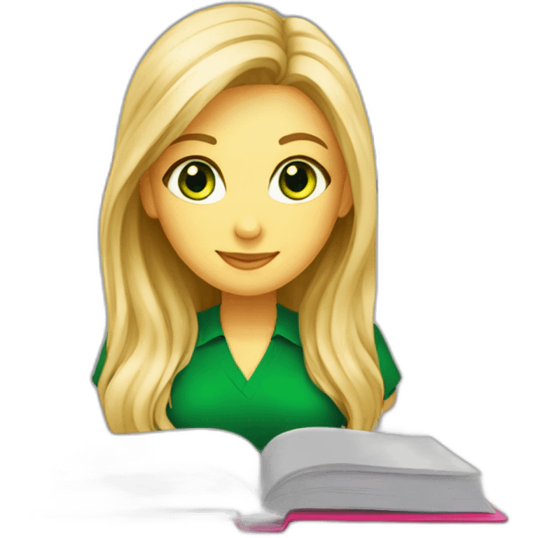 English teacher female with blonde hair and green eyes. with English book with usa flags emoji