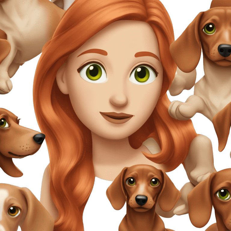 red head women green eyes with her light cream dachshund  emoji