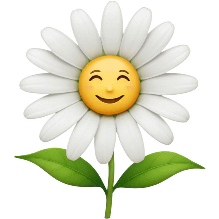 Cinematic Realistic Daisy Emoji, Cheerful and pure, with bright white petals surrounding a sunny yellow center, standing proudly atop a slender green stem. The soft, vibrant petals seem to radiate positivity, while a few green leaves frame the delicate flower. Soft glowing outline, capturing the essence of simplicity, innocence, and happiness in a single daisy. emoji