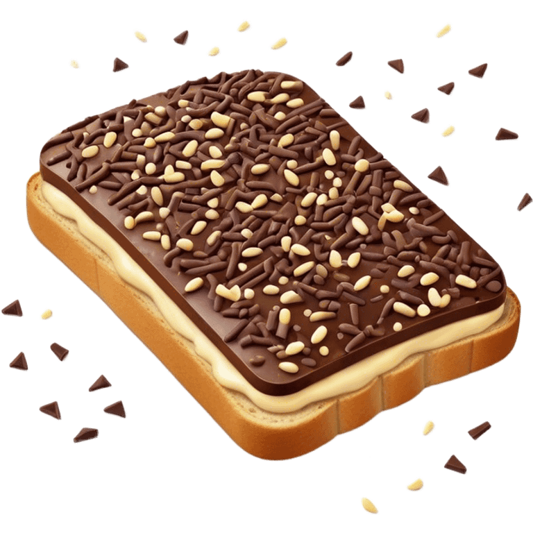 Hagelslag Cinematic Realistic Hagelslag Treat Emoji, depicted as crunchy chocolate sprinkles scattered on a slice of buttered bread, rendered with vivid textures and playful, inviting lighting. emoji