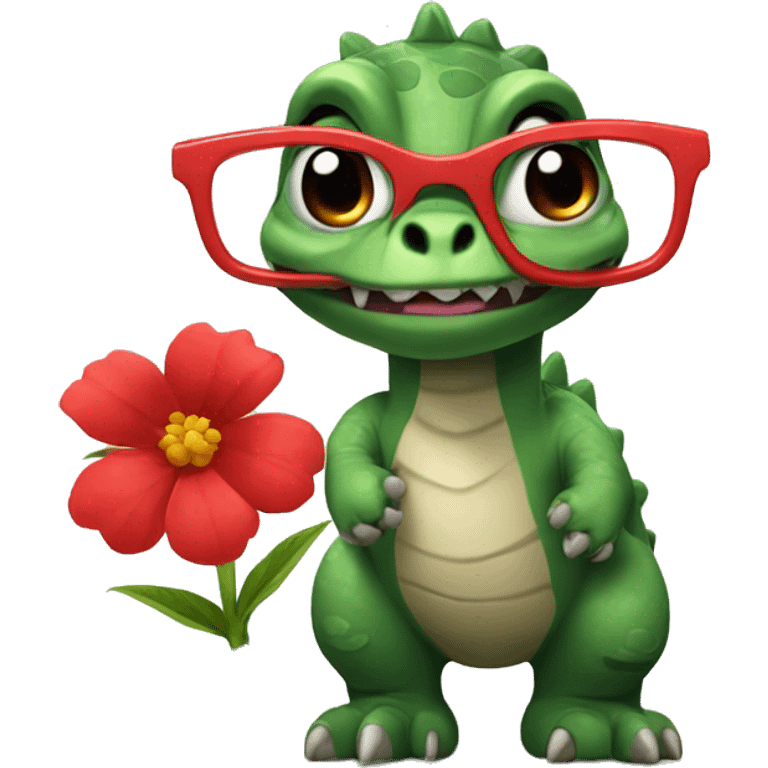 dinosaur with sharp red glasses and a flower in its paw emoji