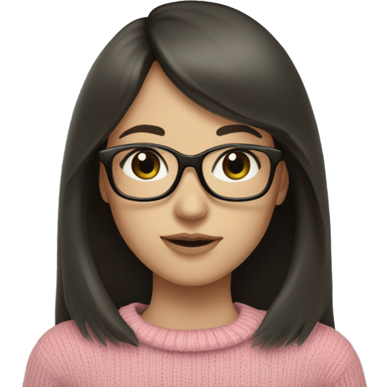 Girl with long dark brown hair and bangs and black glasses pale skin pink sweater green eyes emoji