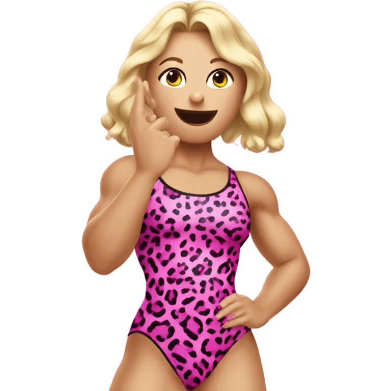 Tall blonde Caucasian muscular woman wrestler with pink big lips wearing a pink leopard print leotard blowing a kiss emoji