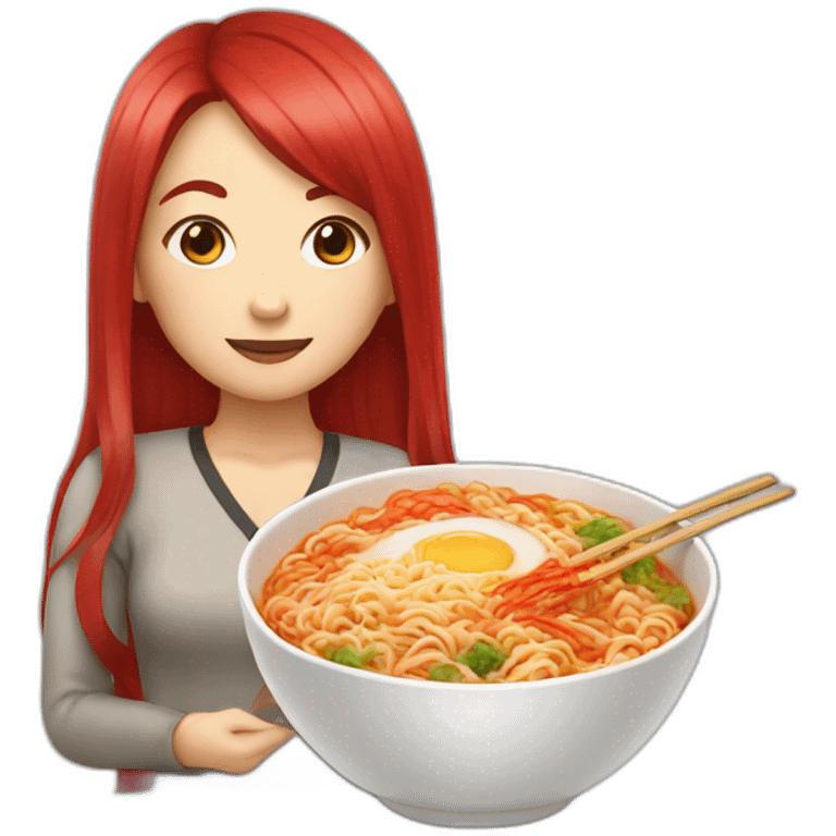 Asian girl with long red hair with ramen emoji