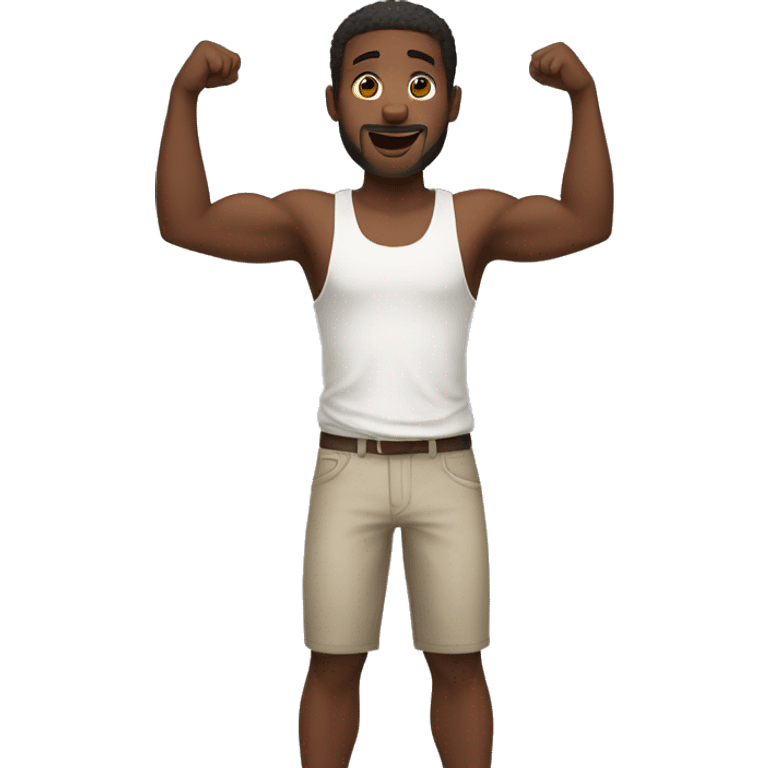 a black man wearing a white tank top standing straight with his arms raised straight up emoji