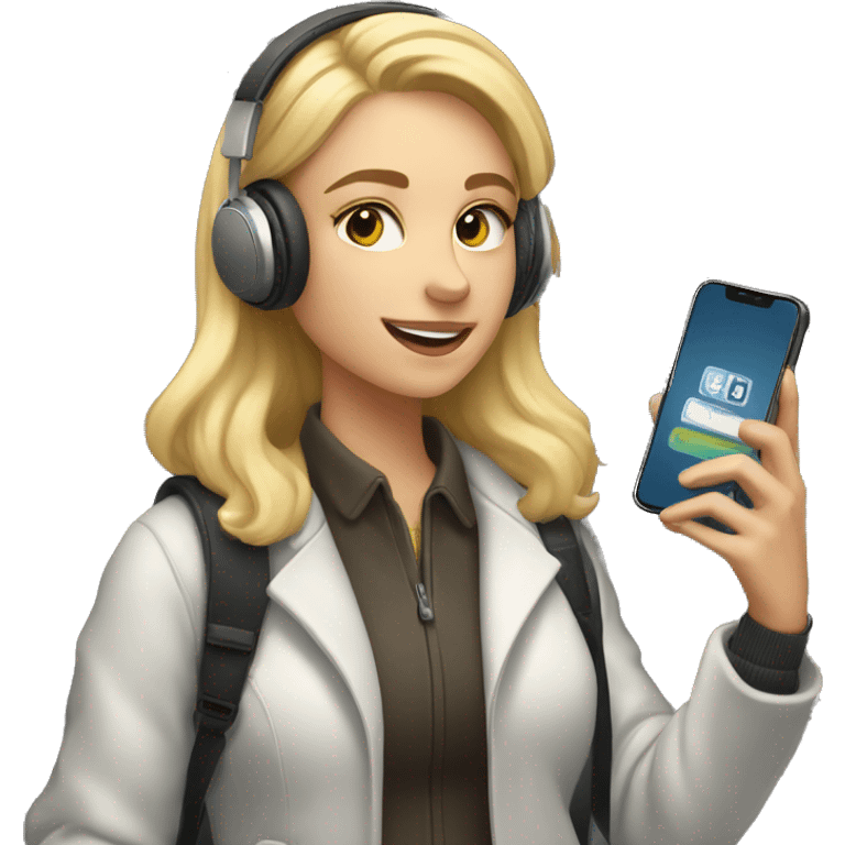 blonde female student standing by a locker wearing wireless headphones, heavy coat, taking a selfie with cell phone emoji