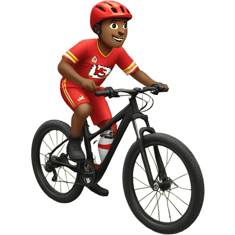 Kid in chiefs gear riding black mountain bike emoji