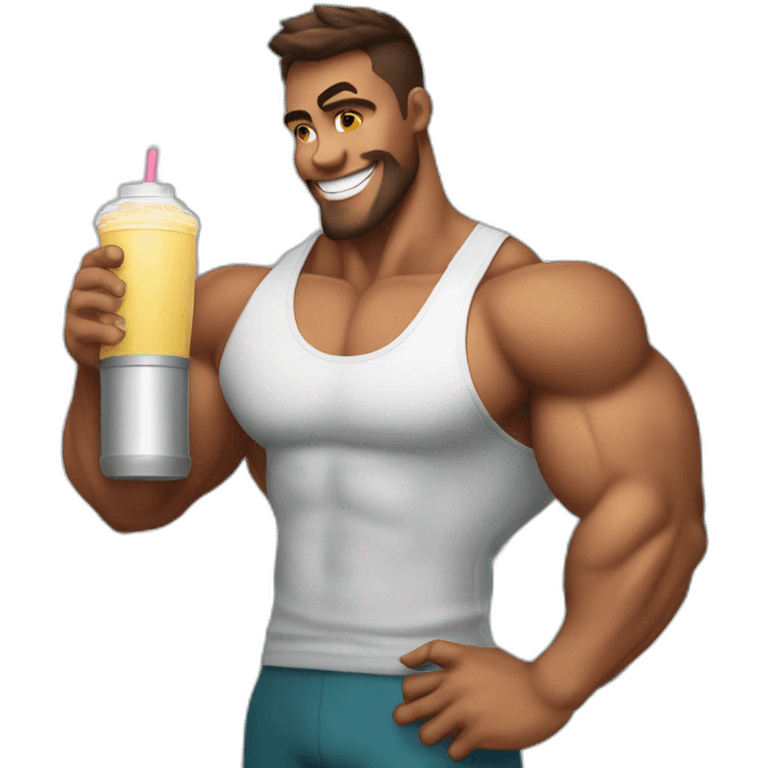  muscled guy drinking a protein shake, goes to the gym everyday and works in tech emoji