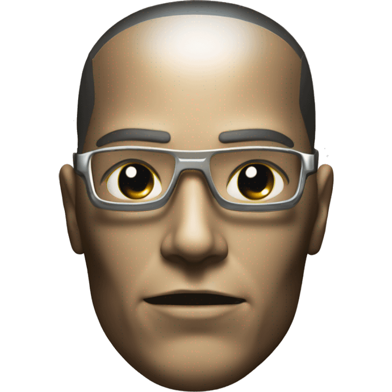 Male cyborg head with metallic plated face, brown flat top, glasses and circuits emoji