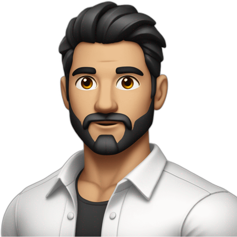 close up of white skin indian in plain white shirt with sleeve up and quiff black hair style and beard and muscle body emoji