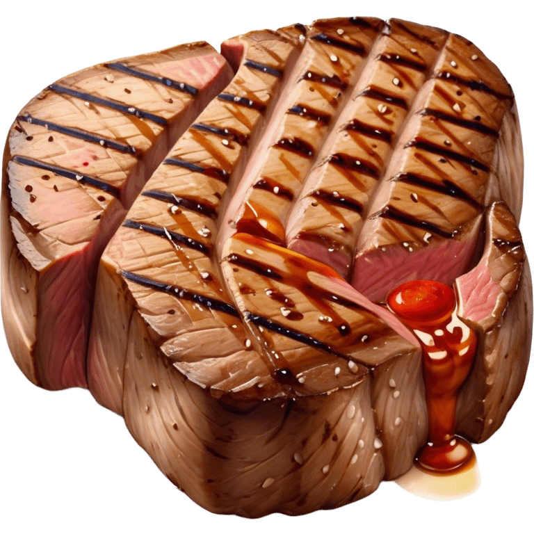 Cinematic thick-cut scotch fillet steak, perfectly seared with grill marks, a grilled center, rich and savory, warm glow, sizzling and mouthwatering, highly detailed and appetizing. emoji