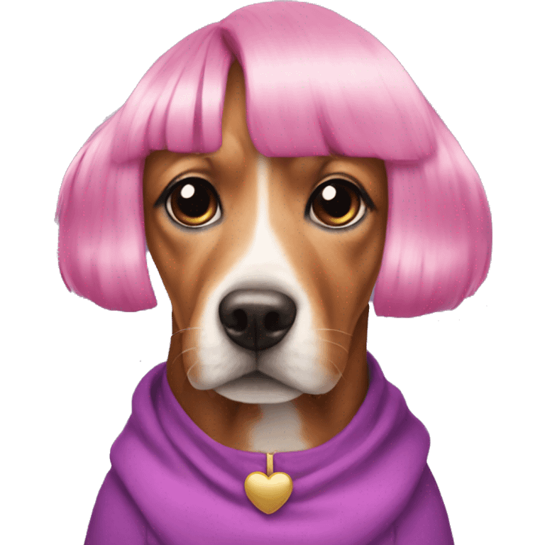 Dog with pink wig purple dress emoji