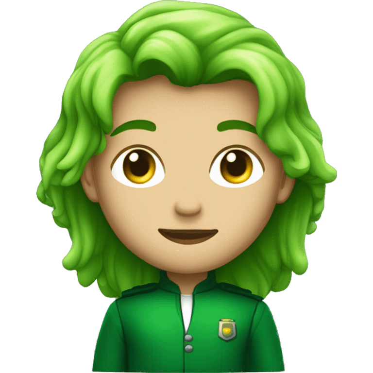 Heroe con pelo verde desordenado y traje verde oscuro joven emoji