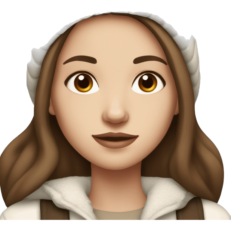 white girl with brown hair and dark brown eyes wearing a white and brown winter outfit emoji