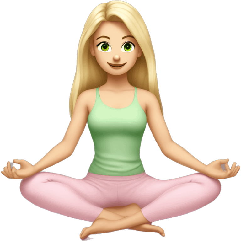 blonde long hair and green eyes yoga beautiful girl in light pink clothes sitting on a yoga mat emoji