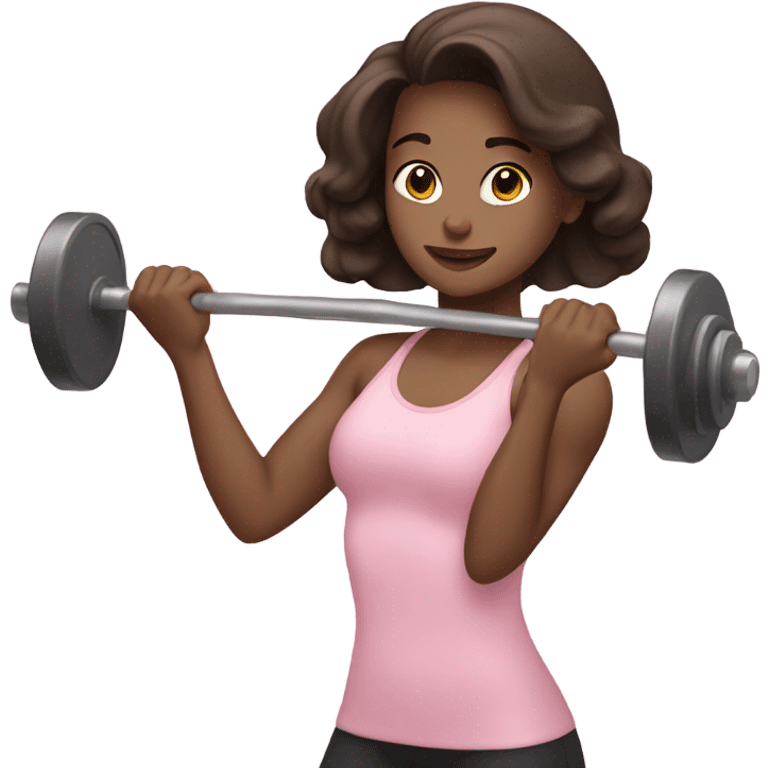 brunette girl lifting weights in light pink  emoji