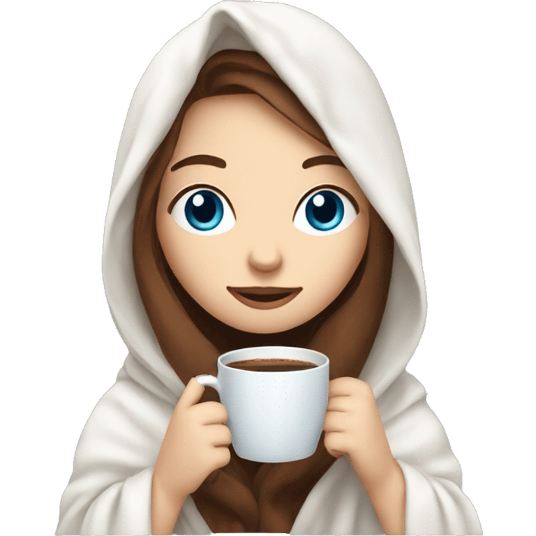 girl with pale skin with bleu eyes and brown long hair inside a white blanket sipping coffee emoji