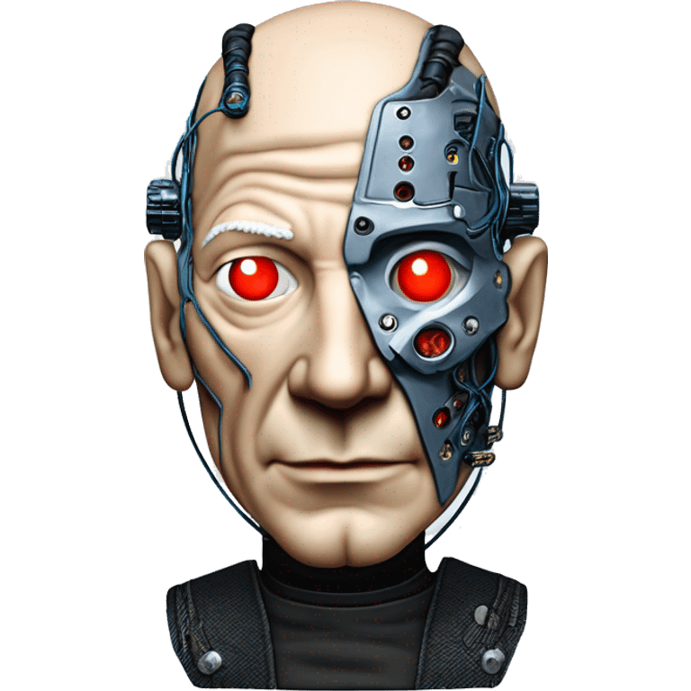 Jean luc picard from Star Trek assimilated by the Borg, with mechanical metal covering the left side of his face, with wires and a red light on the left side. Both his eyes are blue. emoji