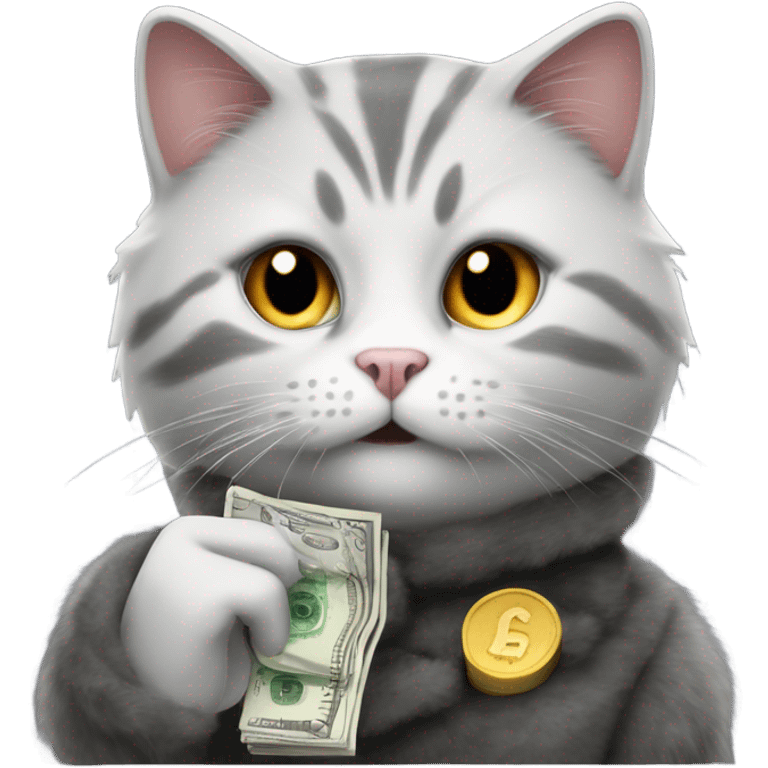 Grey and white domestic short hair cat in a fur coat smoking a cigarette and counting money  emoji