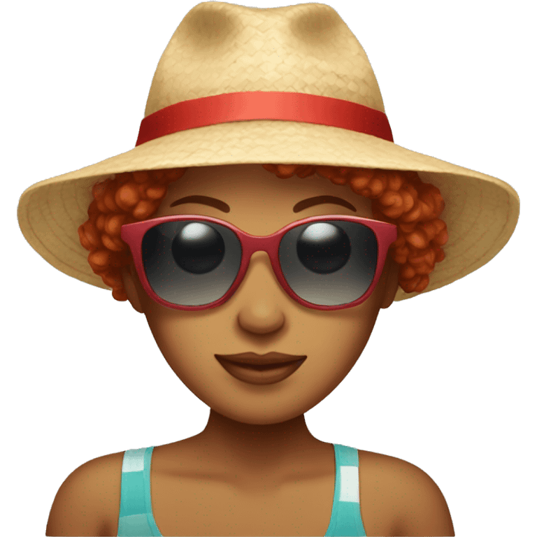 Woman with red hair, sunglasses, and a beach hat emoji