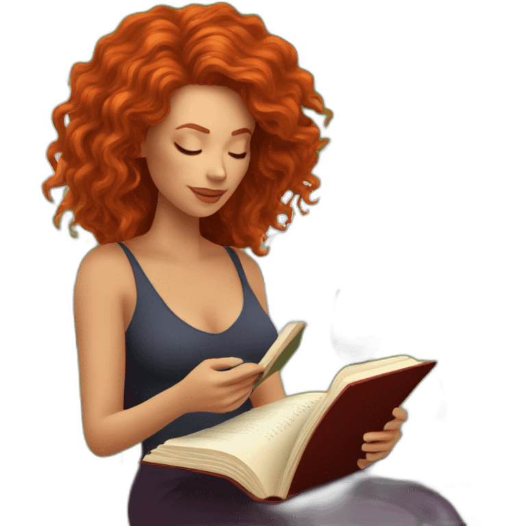 White woman with long curly red hair reading a book with a glass of wine in a park emoji