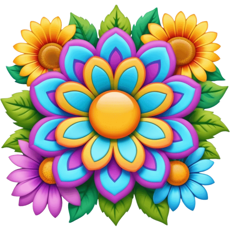 Create a 3D ultra detailed psychedelic colored hippie style flower border  emoji