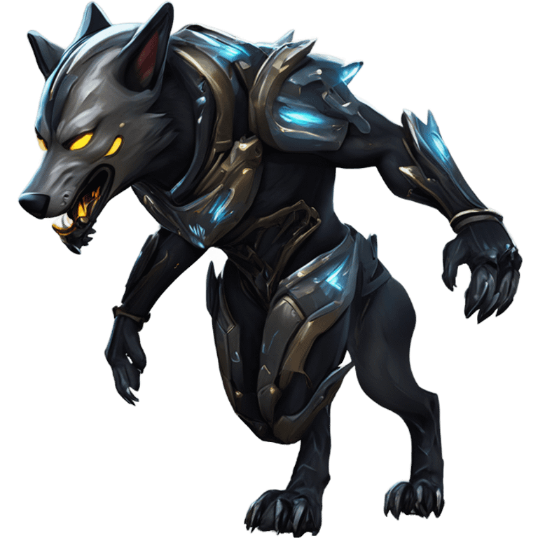 Warframe-inspired wolf Warframe with sleek biomechanical armor, a snarling wolf-like helmet, glowing eyes, and clawed gauntlets. Dark metallic colors with glowing energy lines, blending feral agility and deadly stealth.

 emoji